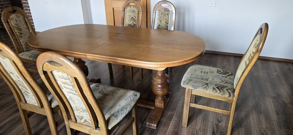 Elegancki komplet: stół dębowy rozkładany 183/248cm/91cm + 6 krzeseł