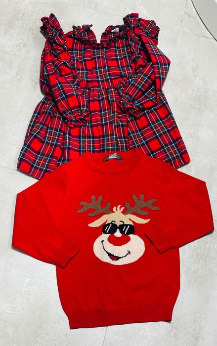 Дитячий  новорічний костюм червоне платя и светр 5-6