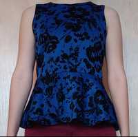 Elegancka kobaltowa taliowana bluzka z baskinką 40/l Select