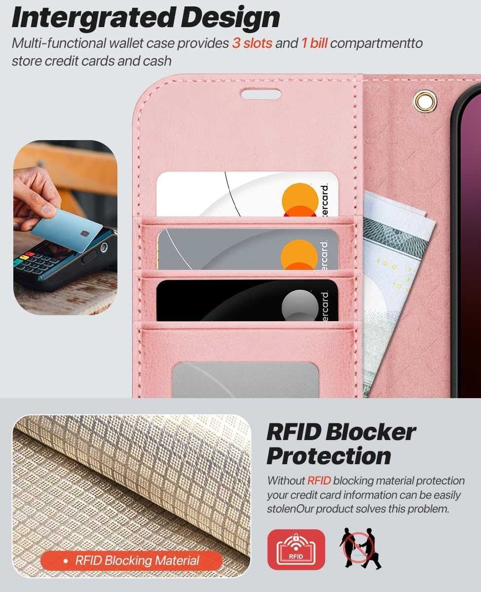 Ocase etui skórzane magsafe do iPhone 16 Pro z klapką  różowe 2w1
