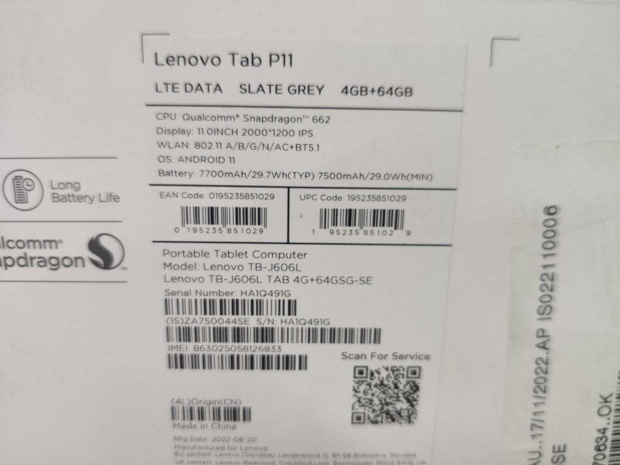 Планшет Lenovo Tab P11 TB-J606L 4/64GB LTE Slate Grey •ГАРАНТІЯ•