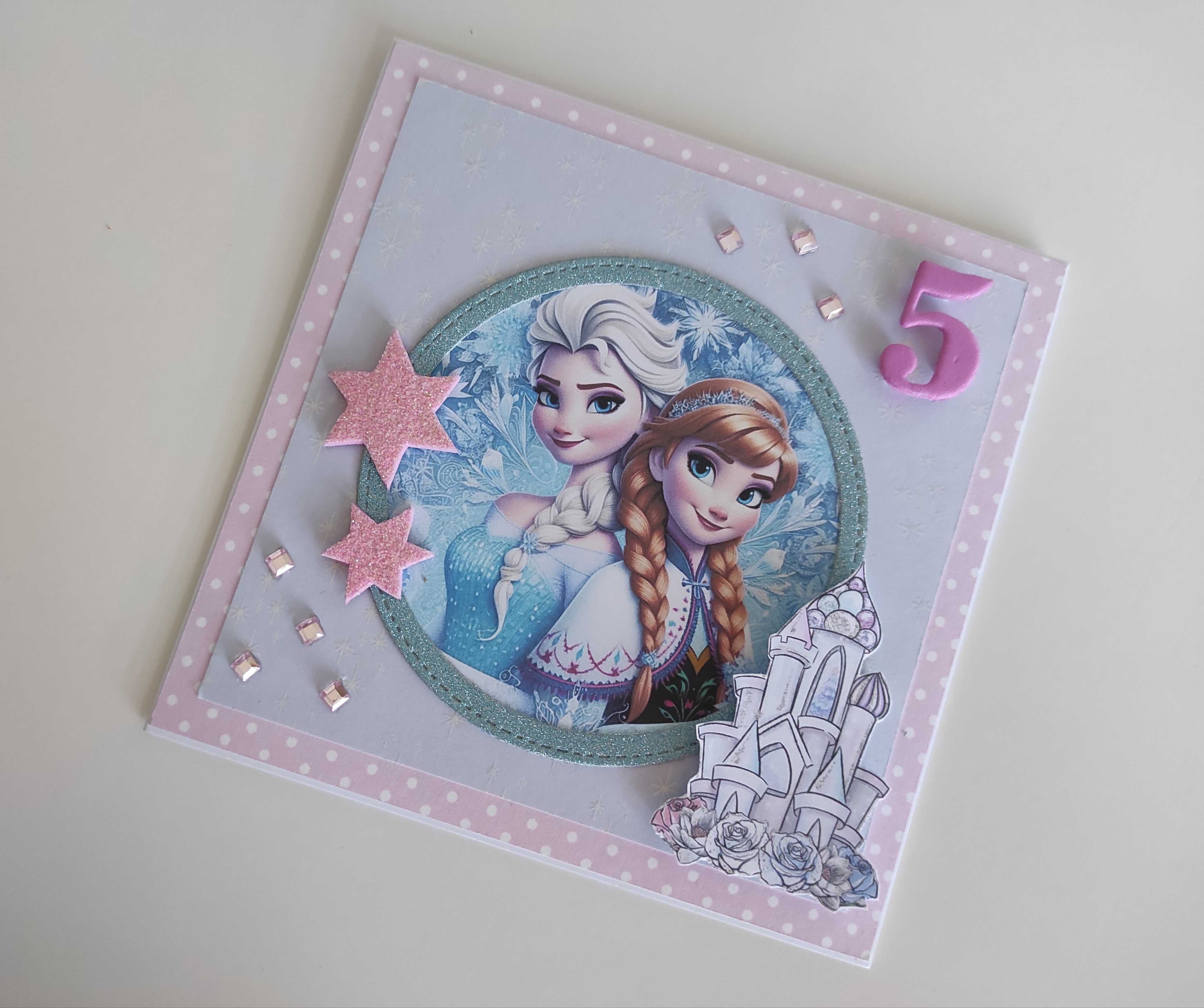 Kartka urodzinowa ręcznie robiona Kraina lodu Anna i Elsa
