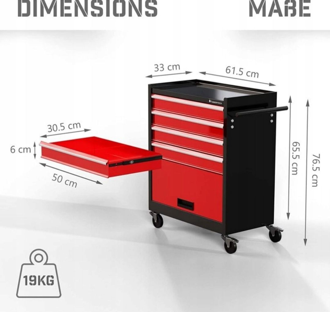 Wózek narzędziowy Timbertech – 4 szuflady, na kółkach, czerwono-czarny