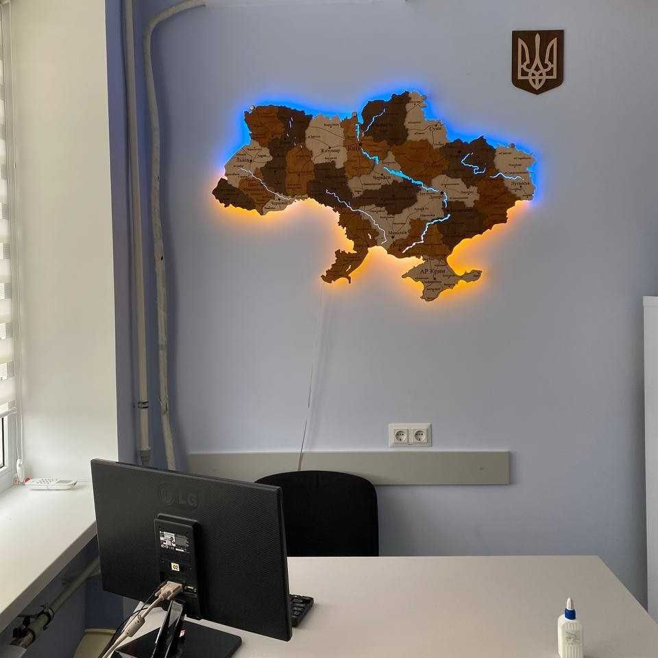 Дерев'яна 3Д мапа України річки карта Украины дерево підсвітка ЛЕД