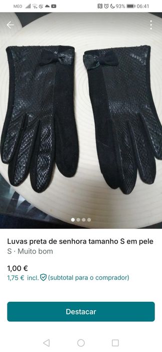 Luvas pretas de senhora em pele