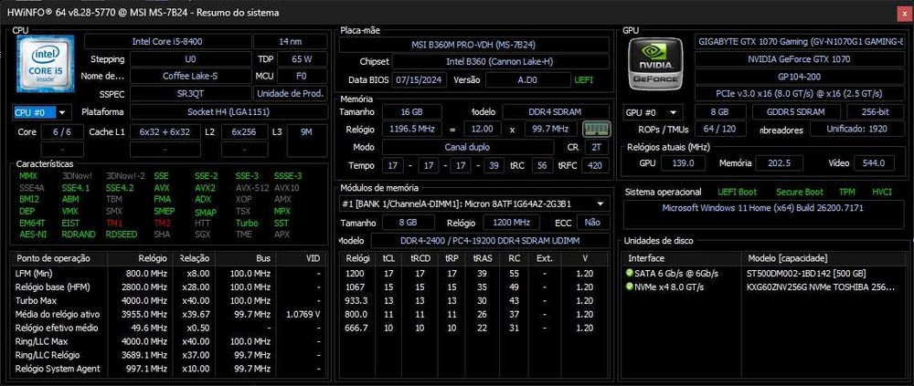 PC Gamer i5 8400 4.0Ghz|16Gb DDR4|GTX 1070 8GB|NVME+HDD|Win 11|ARGB