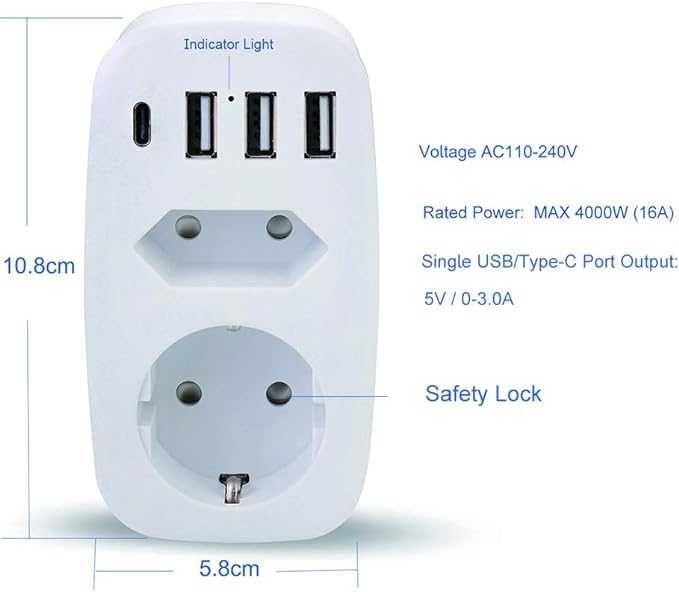 Listwa zasilająca USB z USB Max Power 4000 W  3 porty USB 1 USB-C