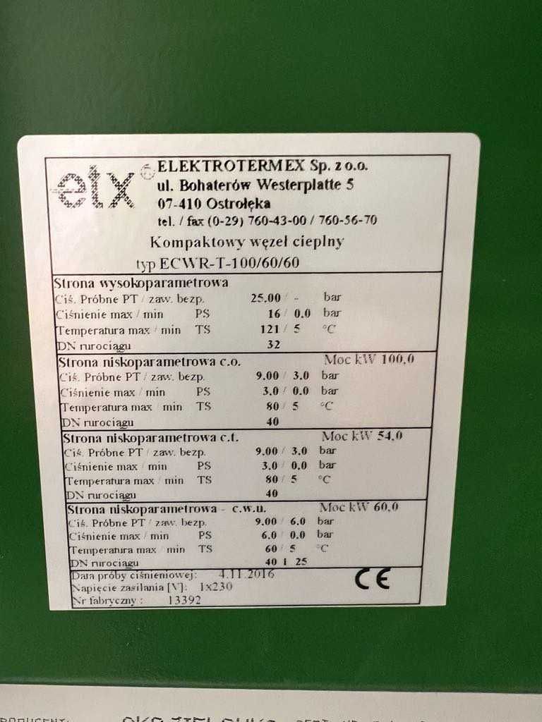Węzeł cieplny kompaktowy Firmy Elektrotermex - typ ECWR-T-100/60/60