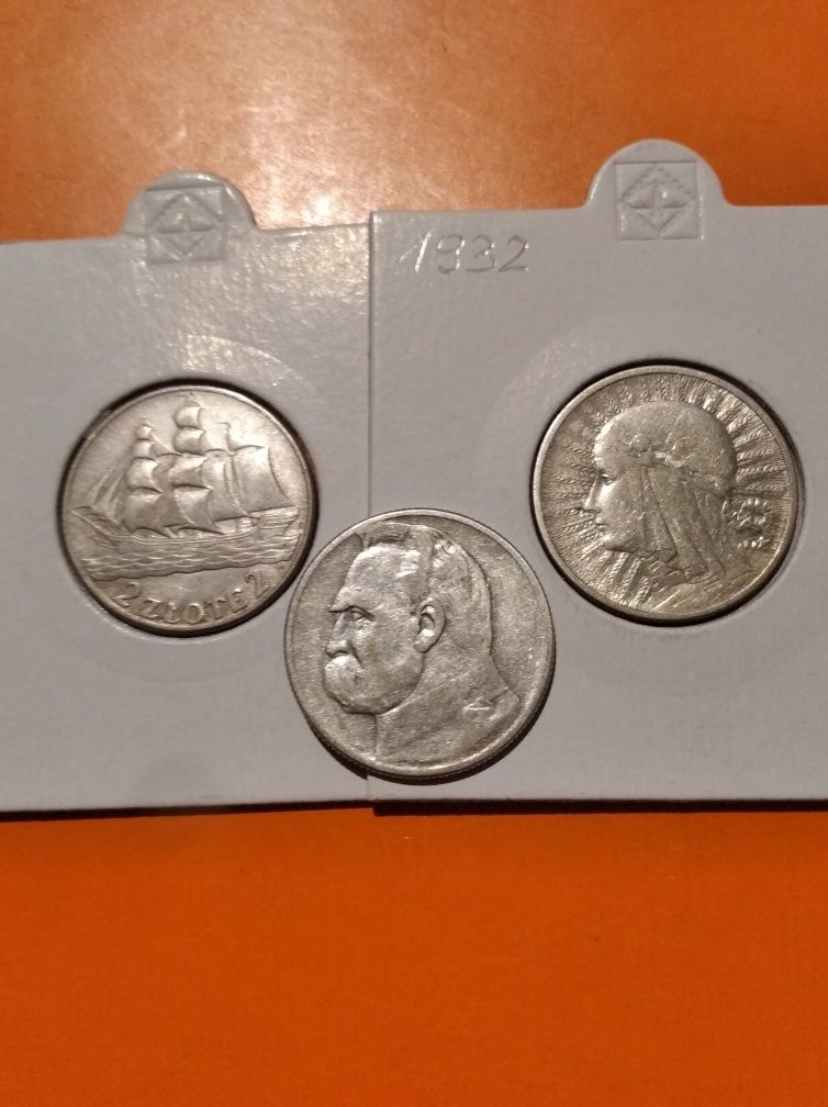 2 Złote Żaglowiec, Piłsudski, Jadwiga/II Rp 3 szt, Ag 0.750