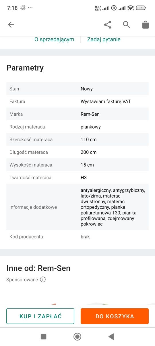 Materac piankowy 110*200