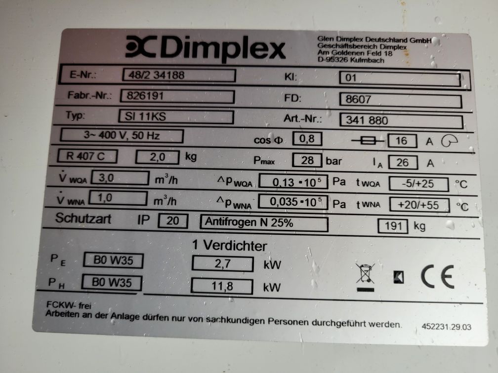 Pompa ciepła DIMPLEX 9 KW woda woda gruntowa