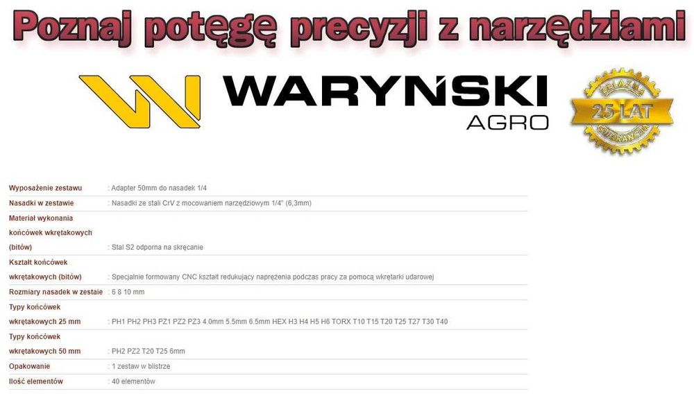 Zestaw końcówek przeznaczony do wkrętarek udarowych 40 el Waryński