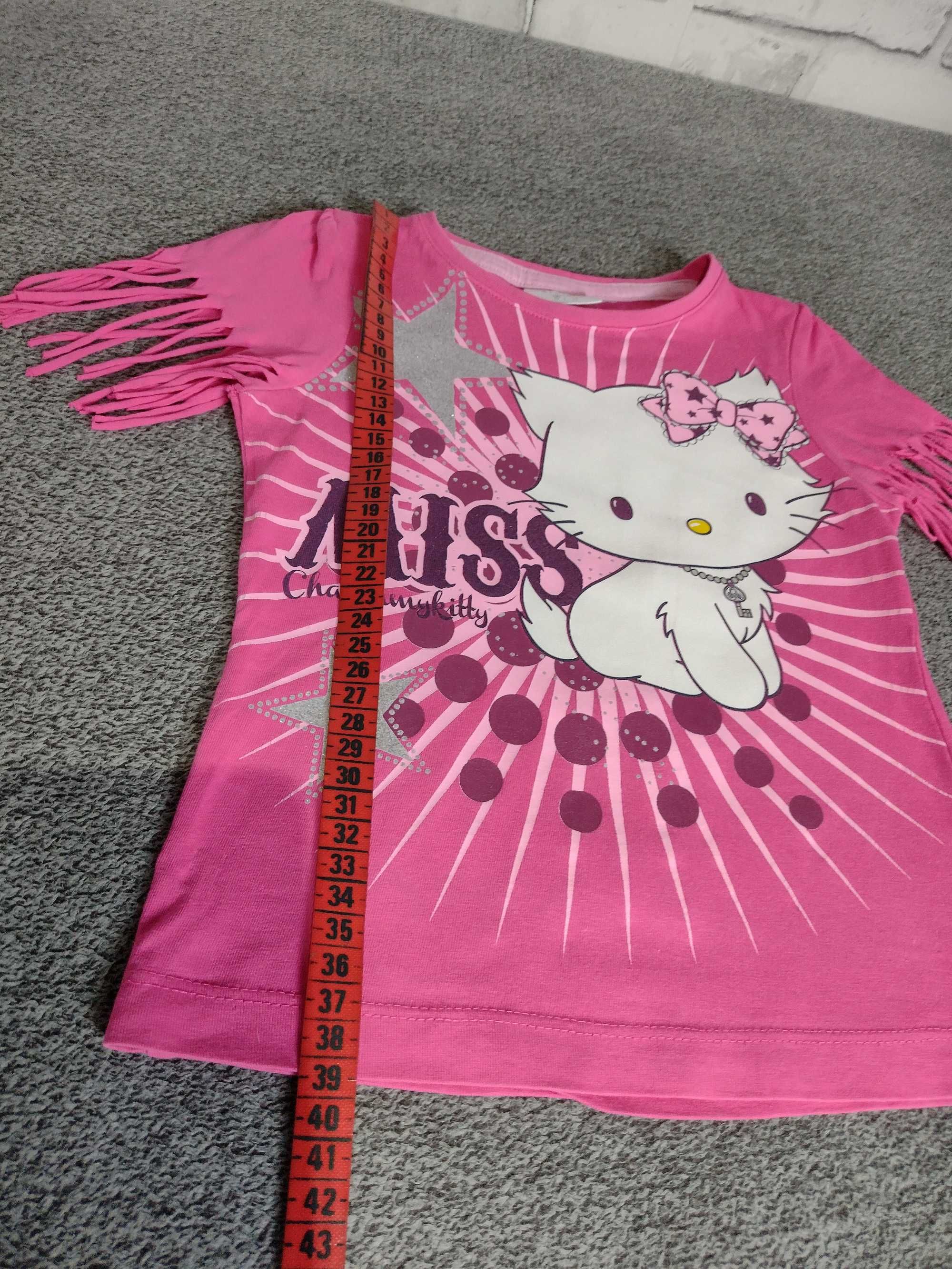 fuksja różowa koszulka 98 bluzka frędzelki Hello Kitty z kotkiem kotek