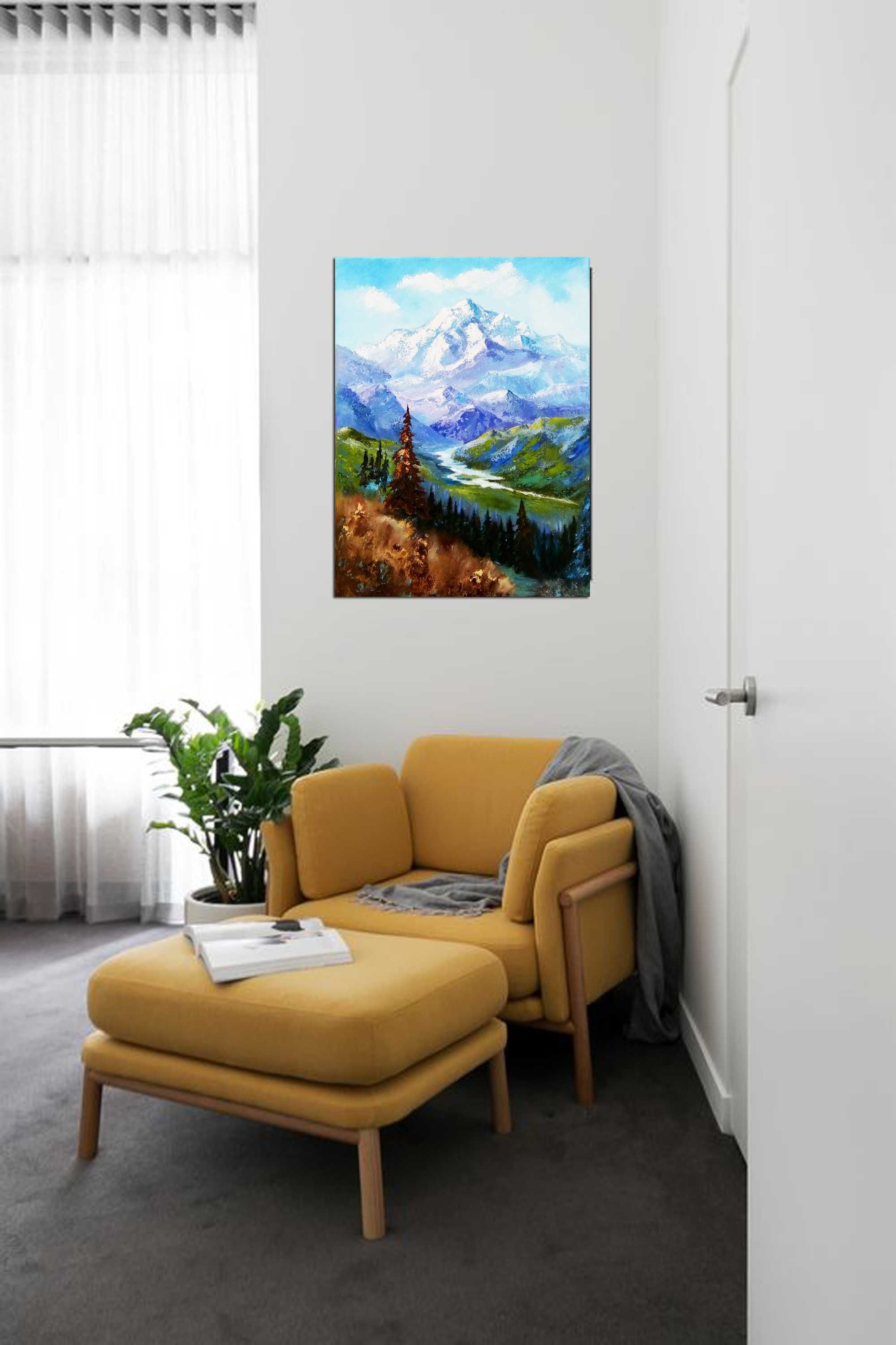 Картина Гори Гірська річка полотно на підрамнику 30 х 40 см