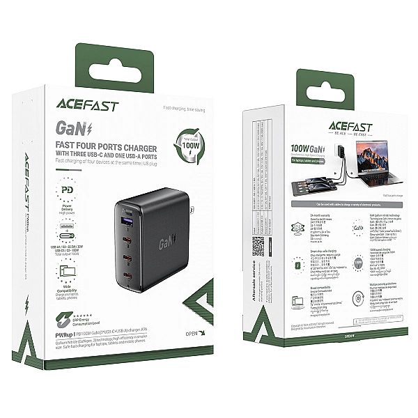 Ładowarka Acefast A96 PD100W GaN (3 x USB-C + 1x USB-A) z końcówką US