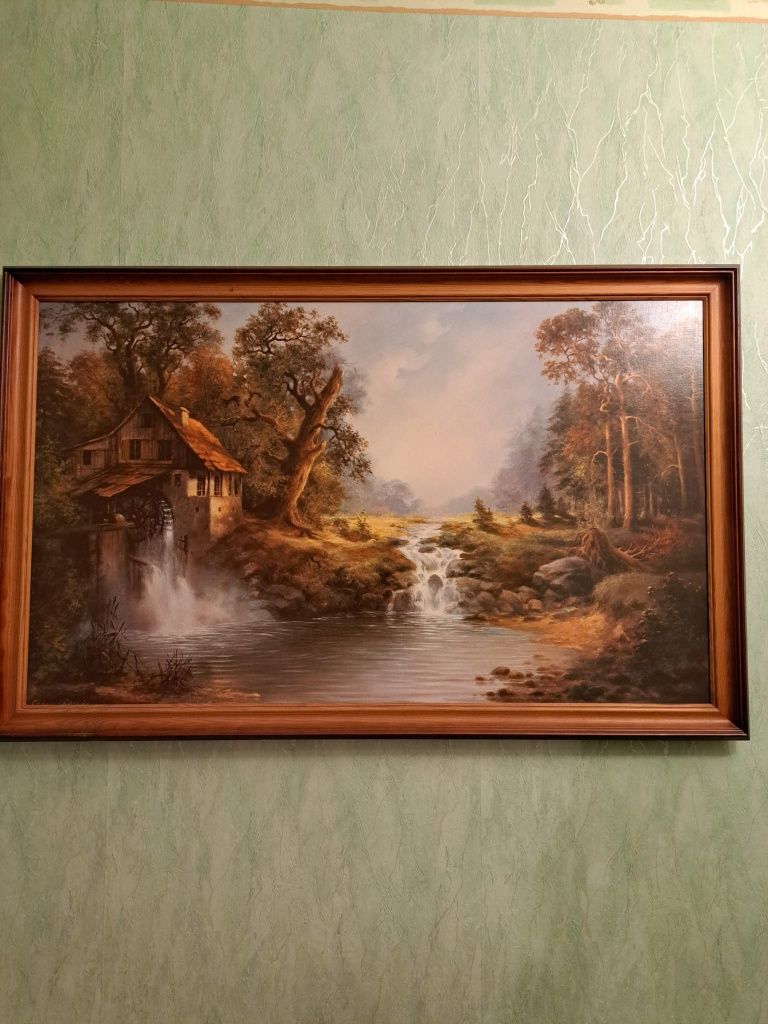 Stary obraz widok z domkiem prl