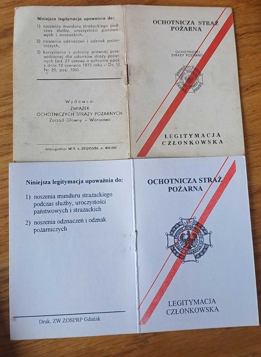 Legitymacje OSP / ZOSP PRL – komplet 4 szt., stare wzory, Izba Pamięci