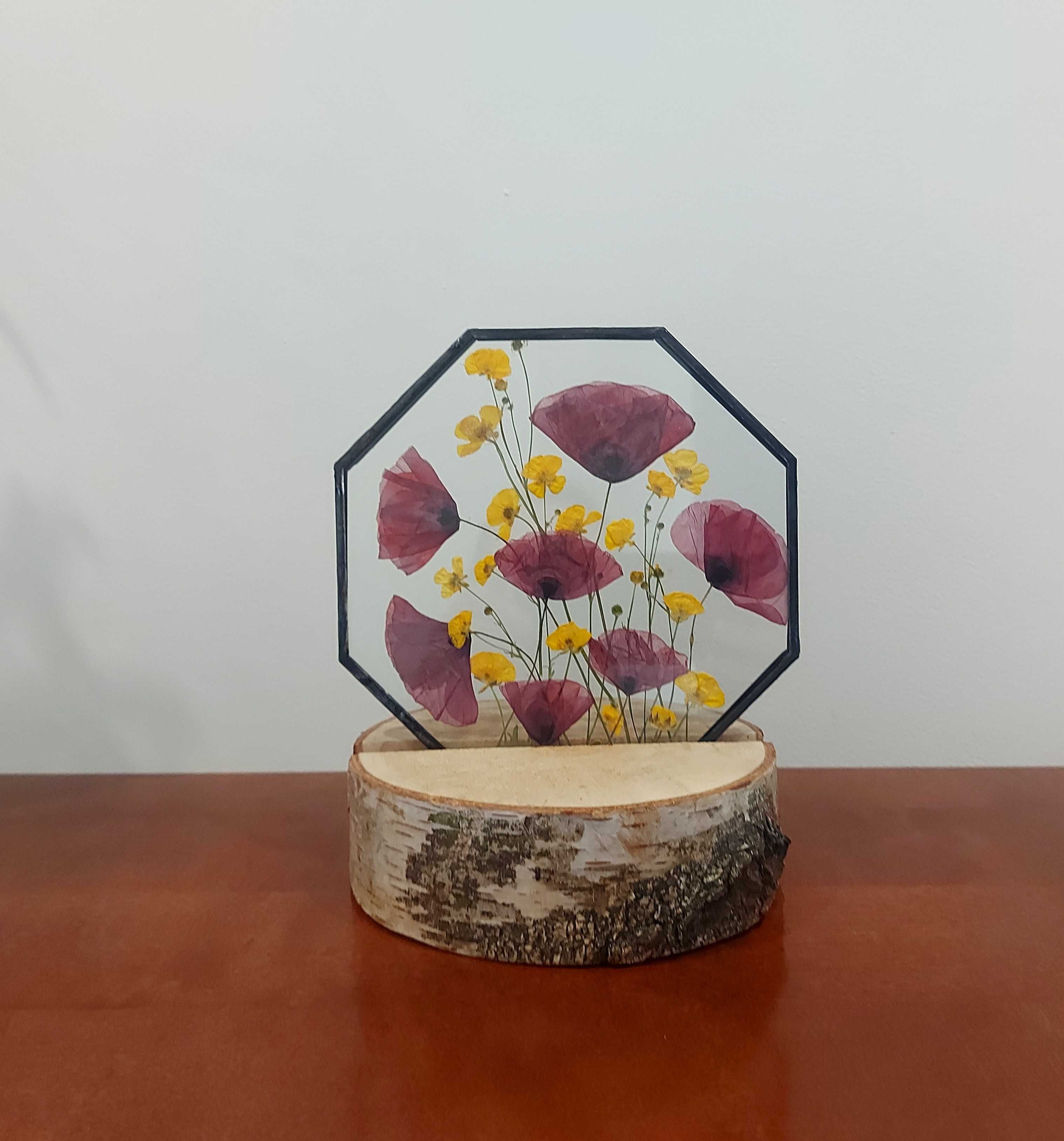 Witraż + drewniana podstawka dekor, suszone kwiaty