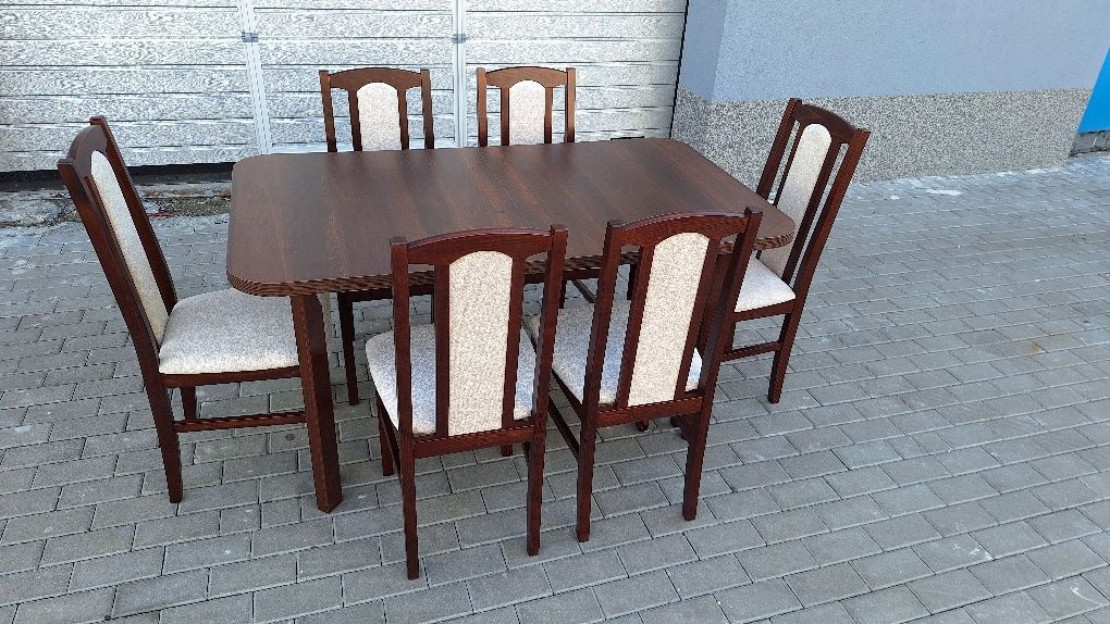 Nowe: Stół 80x140/180 + 6 krzeseł, orzech + kremowy, dostawa cała PL