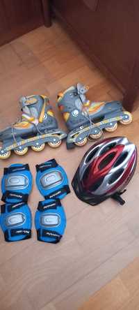 Patins + capacete + acessórios de proteção