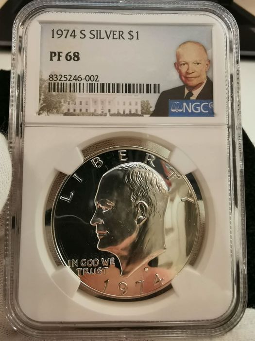 США 1 долар 1974р. Ейзенхауер. СРІБЛО. СЛАБ NGS PF68