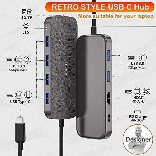 TSUPY Hub USB C owinięty tkaniną 10 w 1 typ C Dongle