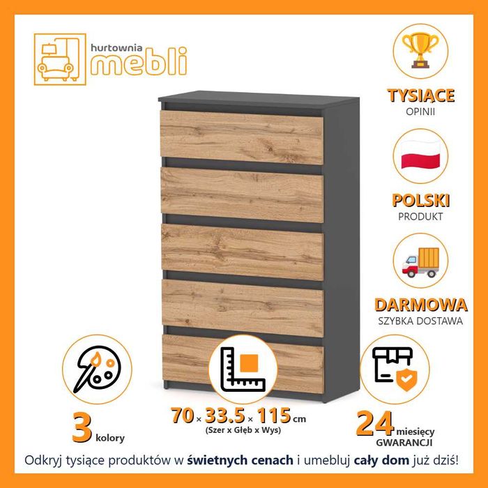 Komoda Wysoka Nowoczesna Do Salonu 70cm Szafka Młodzieżowa 5 Szuflad