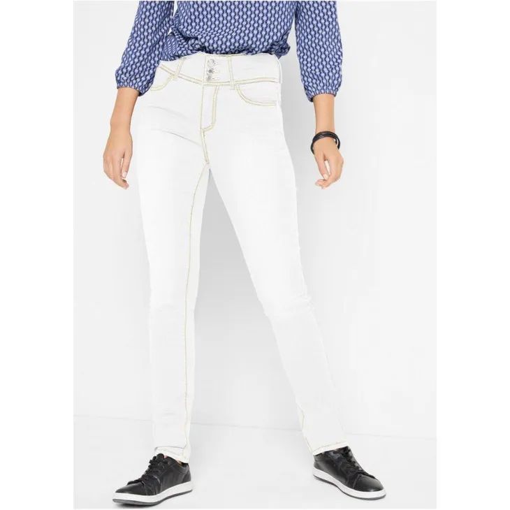 bonprix białe spodnie jeansowe proste jeansy z wysokim stanem 40-42