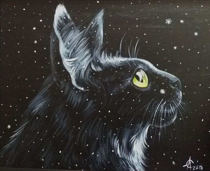Картина "Кот и первый снег", акрил, холст, 40х50, 40х60