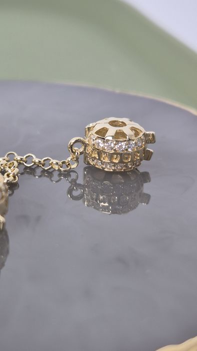 Nowy złoty łańcuszek zabezpieczający typu Pandora białe cyrkonie 585