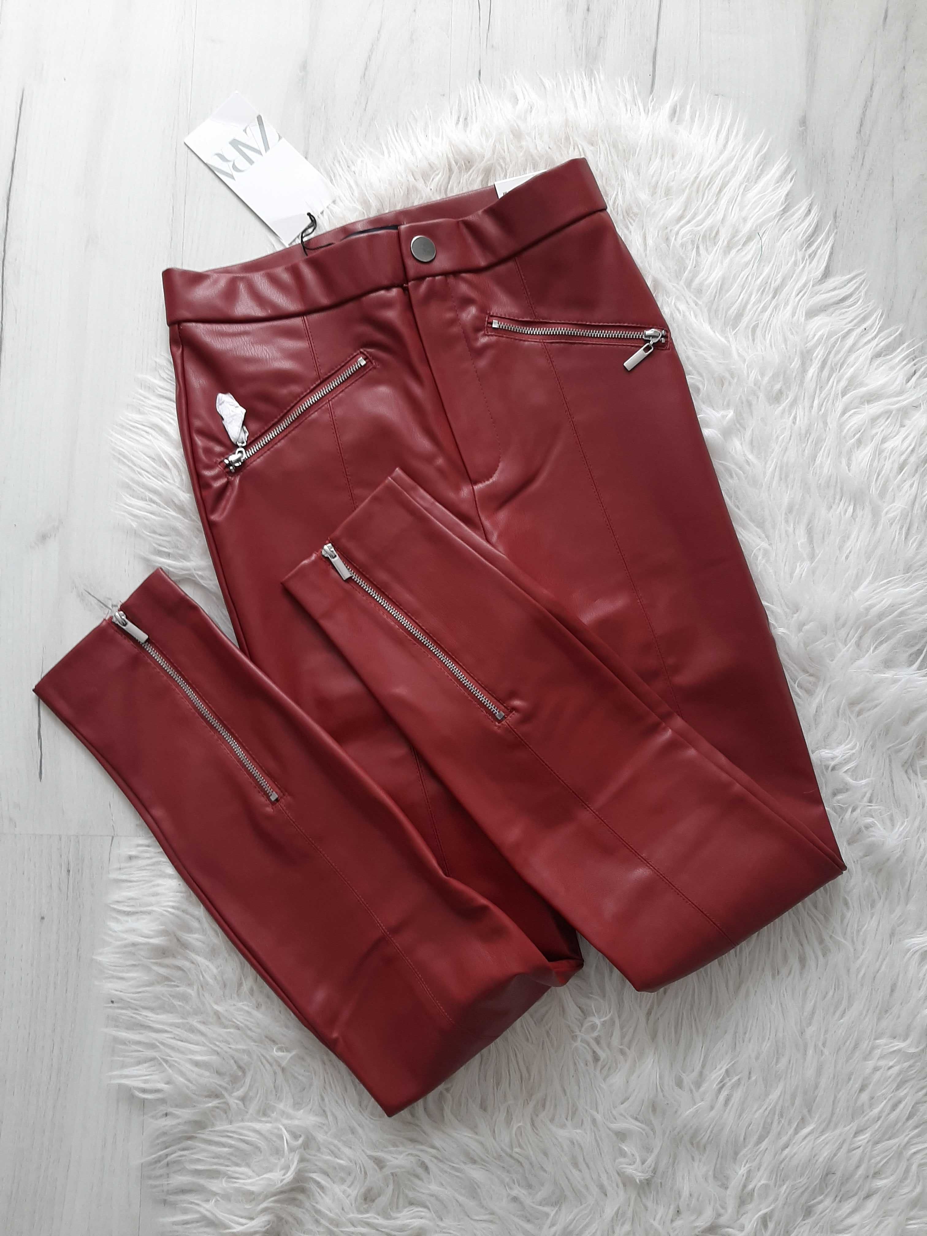 ZARA świetne bordowe czerwone spodnie skora XS 34