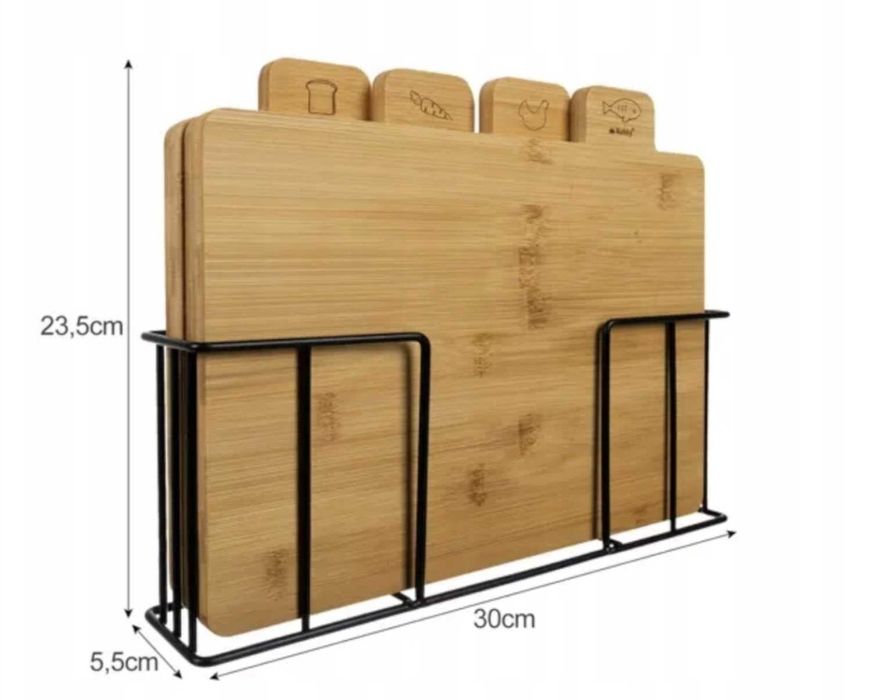 Deski do Krojenia Drewniane Bambusowe Kuchenne Zestaw Stojak Metalowy
