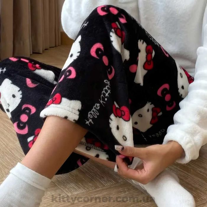 Штани hello kitty хелоу кітті/плюшеві/піжамні штани чорного кольору