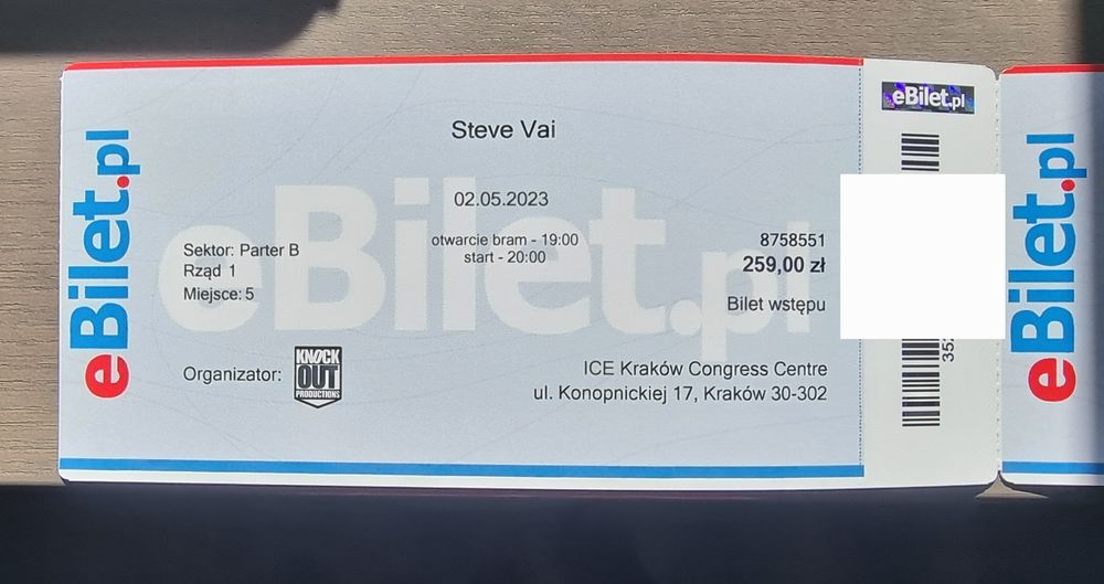 Steve Vai bilet Kraków 2 Maj, blisko sceny, super miejsce!