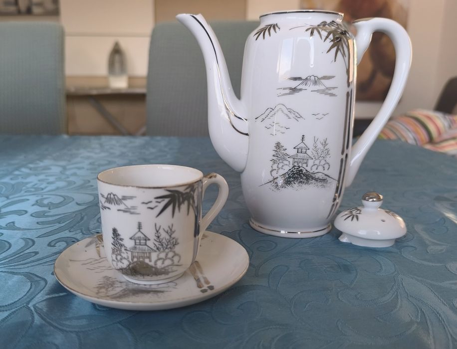 Conjunto de chá/café japonês vintage com litofania geisha porcelana