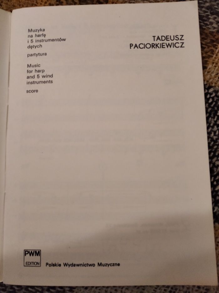 Nuty T.Paciorkiewicz Muz.na harfę i 5 instr.dętych PWM 1978
