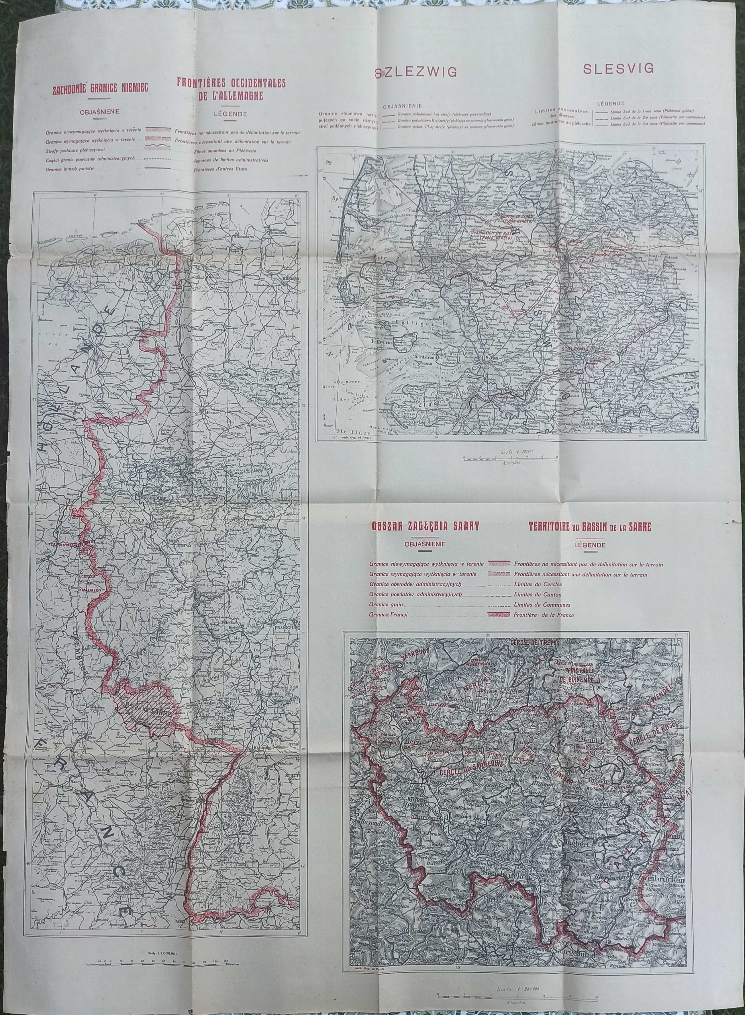 Stara mapa "Zachodnie granice Niemiec, Szlezwig, Zagłębie Saary",1919r