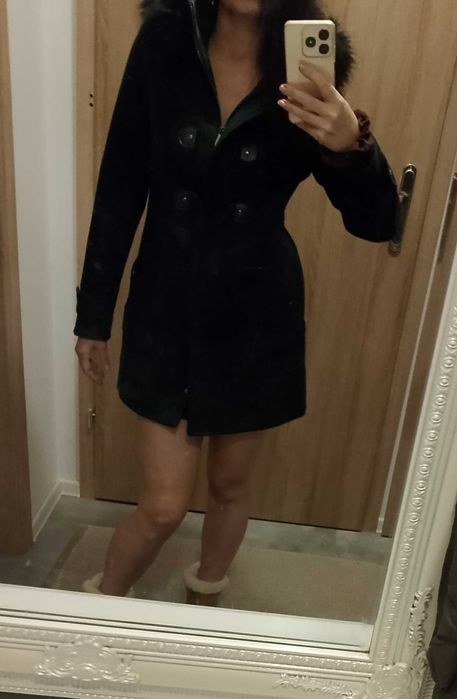 Płaszcz wełniany zimowy rossodisiera 38 m zielony  kaptur futerko