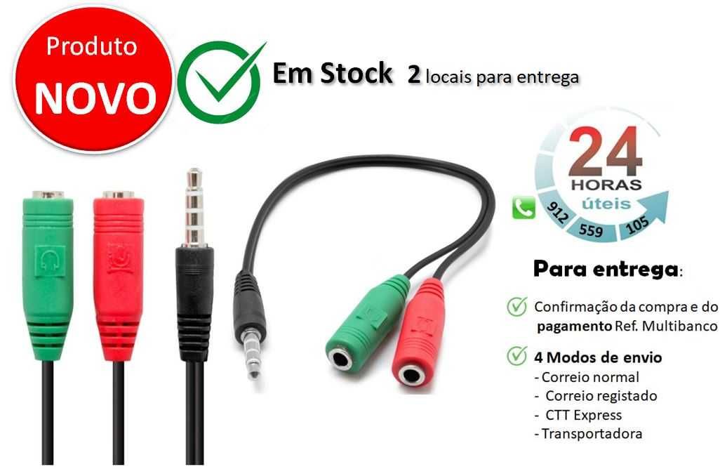 2 Opções - Cabo audio Jack 3,5mm Macho para 2x Femea Stereo (15cm)