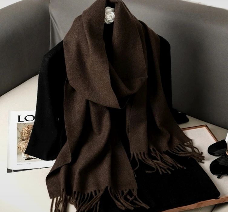 Kaszmirowy brązowy czekoladowy duży szalik damski