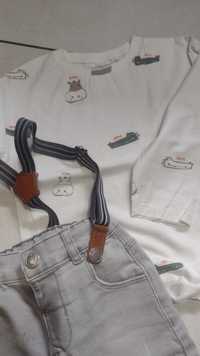 Spodnie jeansowe z szelkami, koszulka Zara