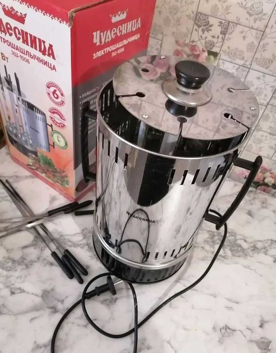 Електрошашличниця нержавійка 6 шампурів тен скляний потужня шашличниця