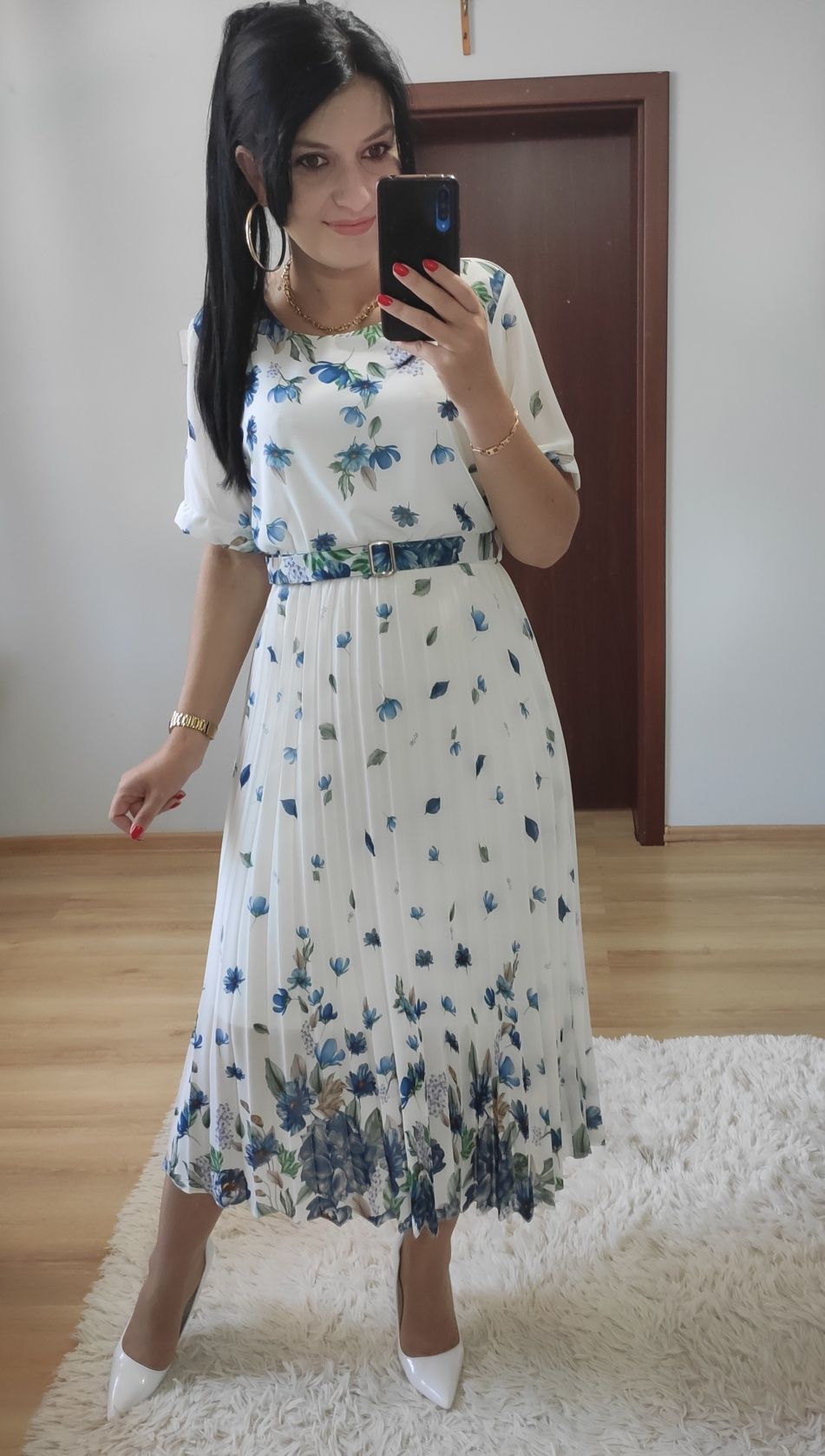 Sukienka MIDI w kwiaty pasek wesele komunia chrzciny
