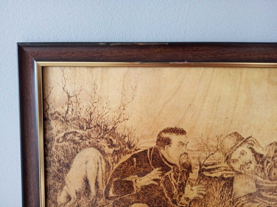 Картина «Охотники на привале» выжигание, 40х60см. Подарок