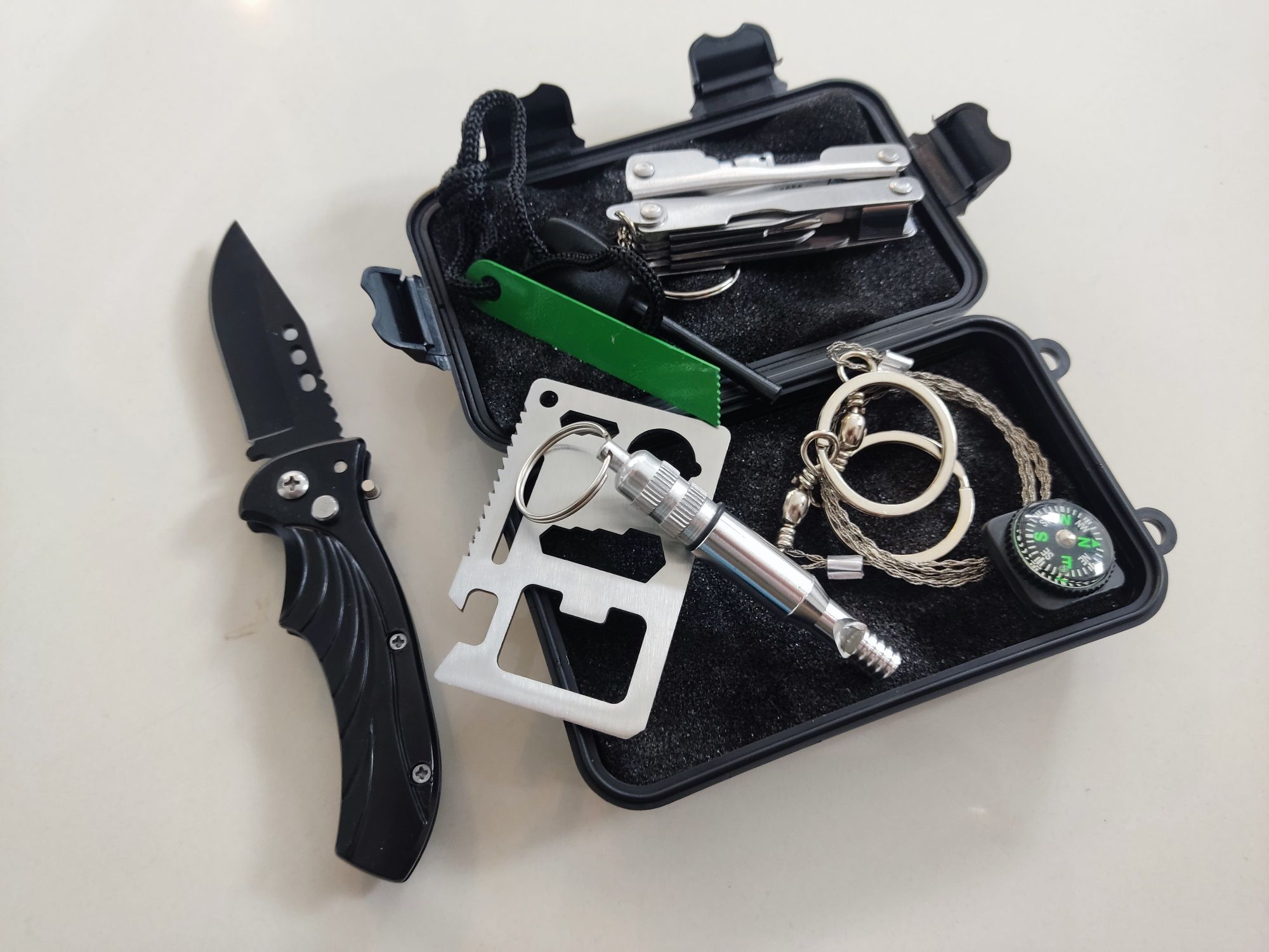 8W1 ZESTAW Przeżycia SURVIVAL Bushcraft Multitool Krzesiwo Nóż Składan