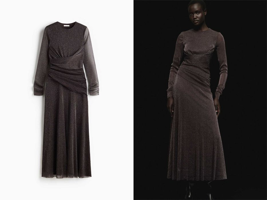 Sukienka L nowa kolekcj brokatowa siateczka brązowa drapowana PROMOCJA