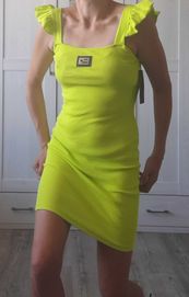 Zielona-neonowa sukienka mini/prążek, falbanki na ramiączkach, S-M
