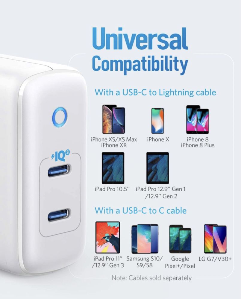 iPhone Charger USB-C, Anker 36W 2-Port PIQ 3.0, PowerPort III Duo Type