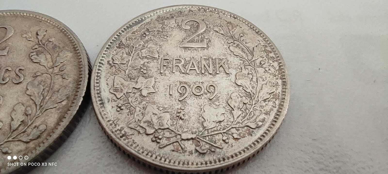 Monety srebrne zestaw 2 franki Belgia 1909 des i der ładne Ag srebro