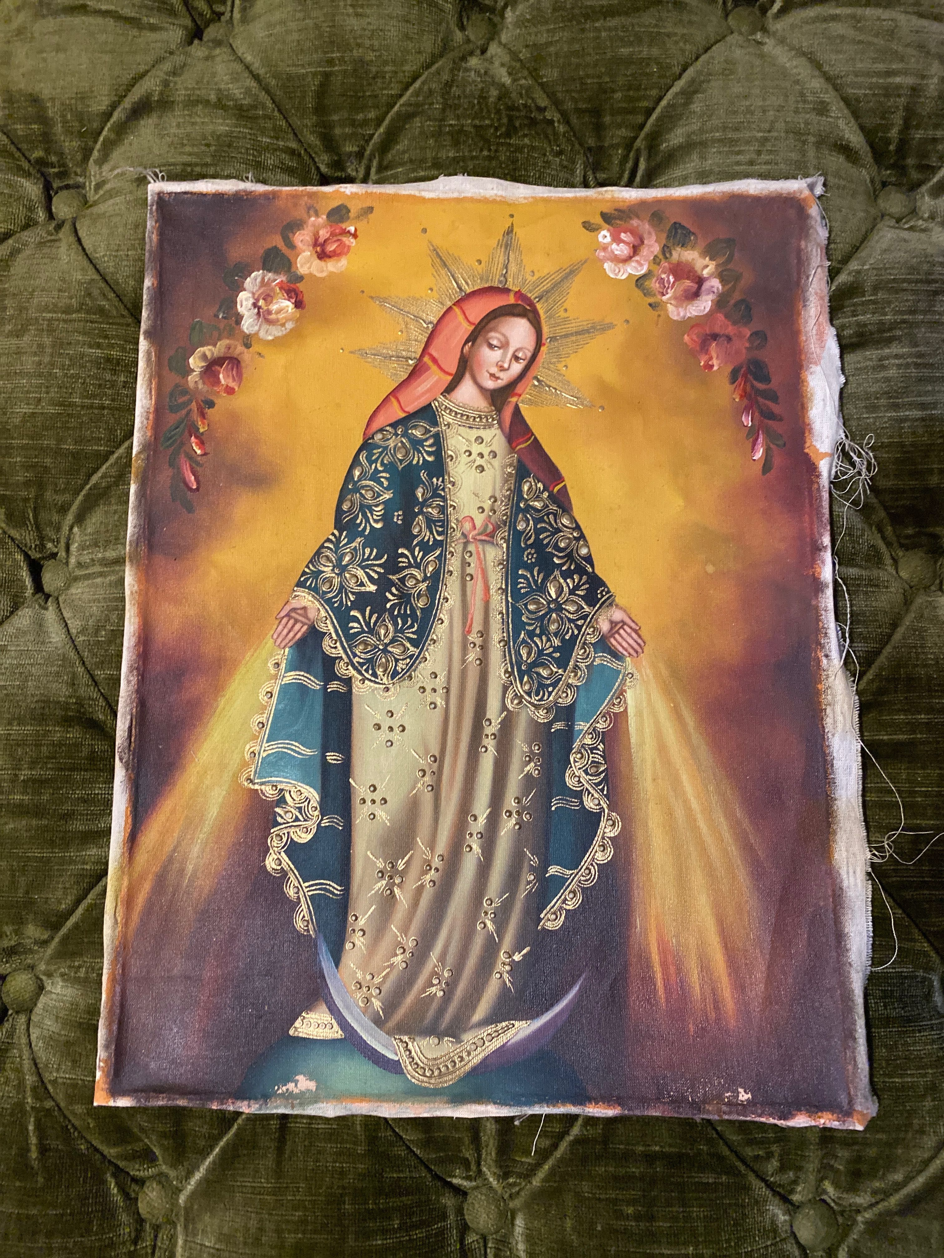 Pintura Centenária Ícone a óleo sobre tela Nossa Senhora Séc XIX 40 cm